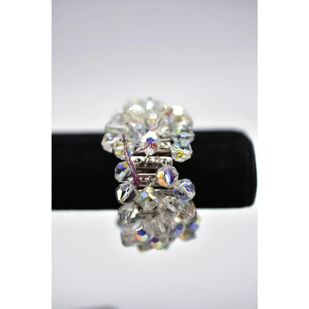 Vintage Crystal Cluster Bangle Bracelet Aurora Borealis Deco Japan Signed Bin2